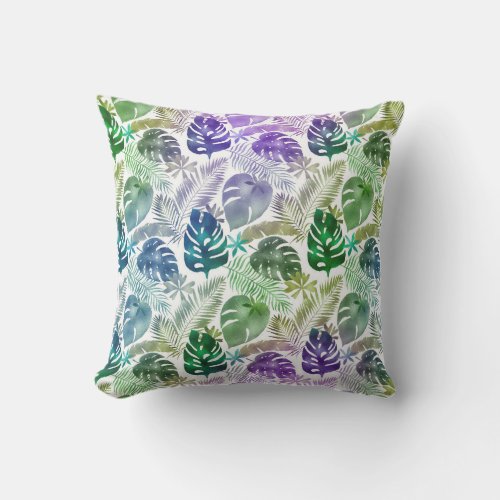 Tropical Leaves Purple Teal Green White  Outdoor Pillow