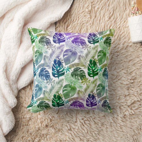Tropical Leaves Purple Teal Green White Throw Pillow