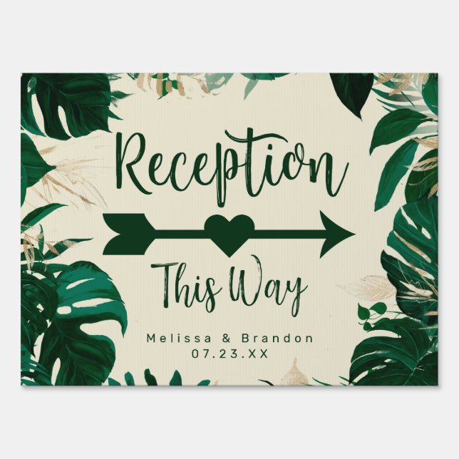 Tropical Leaves Reception This Way Wedding Sign (Front)