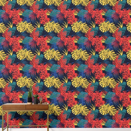 Tropical Leaves Red Yellow Turquoise Wallpaper