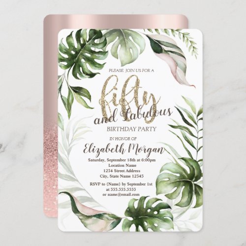 Tropical Leaves Rose Gold 50th Birthday  Invitation