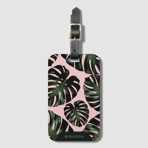 Tropical Leaves Rose Green Name Luggage Tag