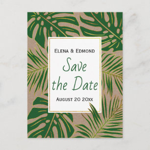 Tropical leaves rustic green wedding Save the Date Announcement Postcard