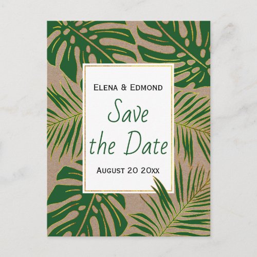 Tropical leaves rustic green wedding Save the Date Announcement Postcard