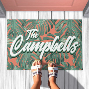 Tropical Leaves Script Green Family Name Doormat