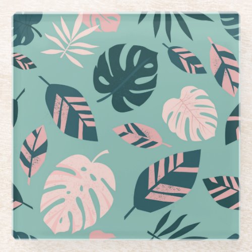 Tropical Leaves Seamless Vintage Pattern Glass Coaster