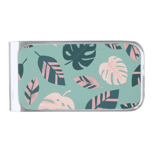 Tropical Leaves Seamless Vintage Pattern Silver Finish Money Clip