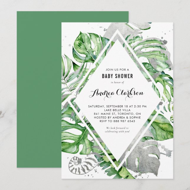 Tropical Leaves Silver Foil Summer Baby Shower Invitation (Front/Back)