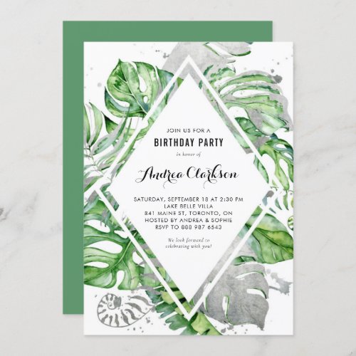 Tropical Leaves Silver Foil Summer Birthday Party Invitation