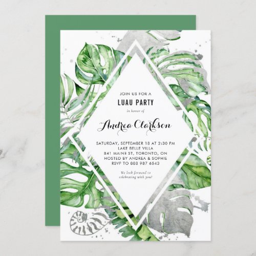 Tropical Leaves Silver Foil Summer Luau Party Invitation