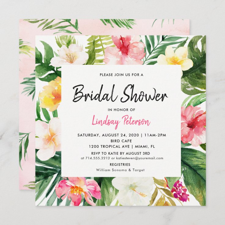 Tropical Leaves Square Bridal Shower Invitation | Zazzle