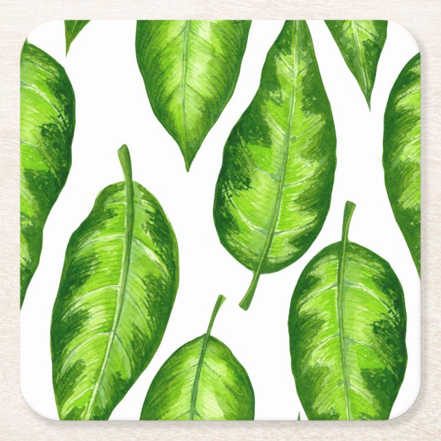 Tropical leaves square paper coaster (Front)