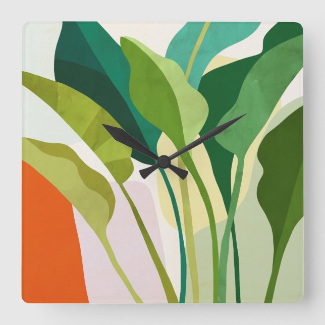Tropical Leaves Square Wall Clock (Front)