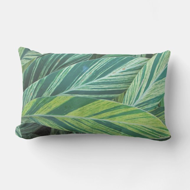 Tropical Leaves Striped Green Foliage Tropics Lumbar Pillow (Front)