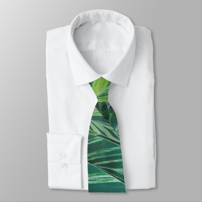 Tropical Leaves Striped Green Foliage Tropics Neck Tie (Tied)