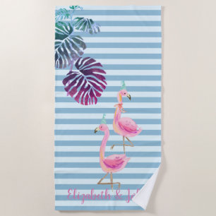 Tropical Leaves,Striped,Pink Flamingos Beach Towel