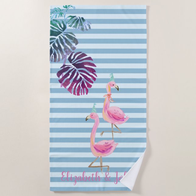Tropical Leaves,Striped,Pink Flamingos  Beach Towel (Front)
