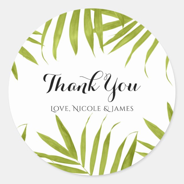 Tropical Leaves Summer Elegant Wedding Favor Classic Round Sticker (Front)