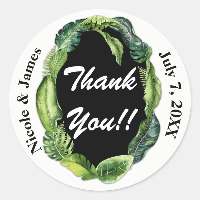 Tropical Leaves Summer Wedding Thank You Custom Classic Round Sticker (Front)