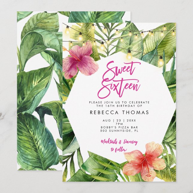 Tropical leaves sweet 16 party invitation (Front/Back)