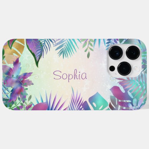 Tropical Leaves Teal  Green Ombre Lavender Name Case_Mate iPhone 14 Pro Max Case