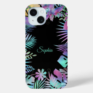 Tropical Leaves, Teal Script Name on Black iPhone 15 Case