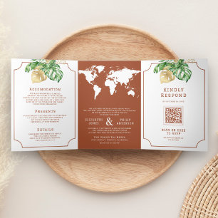 Tropical Leaves Terracotta World Map Wedding Tri-Fold Invitation