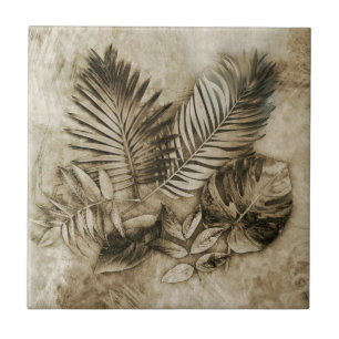 Tropical Leaves Textured Background Vintage Feel Ceramic Tile