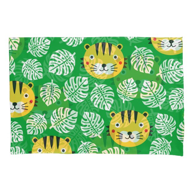 Tropical Leaves Tiger Kid Pattern Pillow Case (Front)