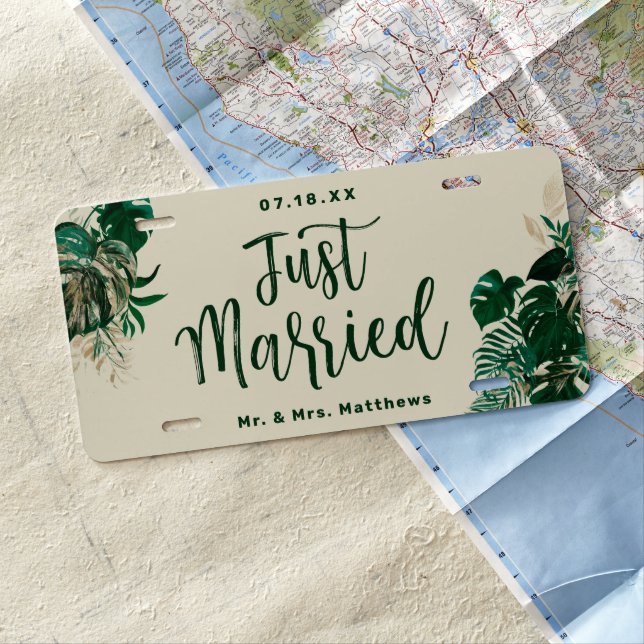 Tropical Leaves Trendy Brush Script Just Married License Plate (In Situ)