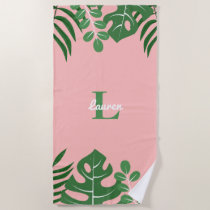 Tropical Leaves Trendy Monogram Beach Towel