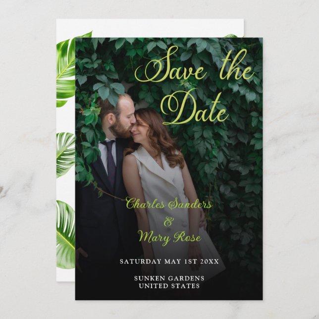 Tropical Leaves Typographic Photo Save The Date (Front/Back)