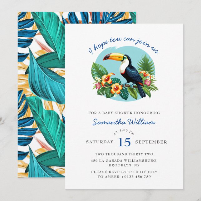 Tropical Leaves Vibrant Toucan Baby Shower Invitation (Front/Back)