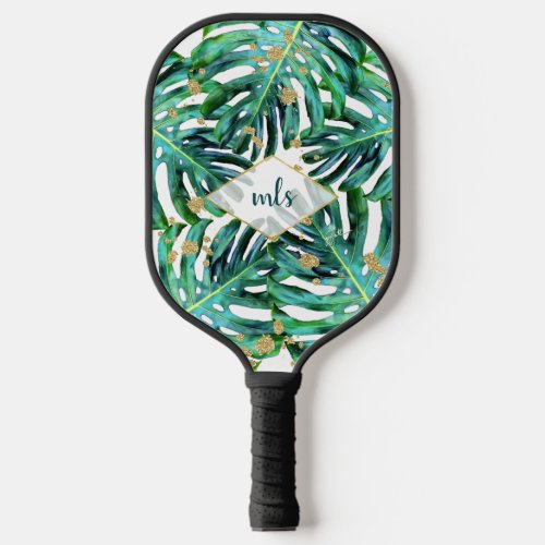 Tropical Leaves w Gold Glitter Beach Monogram  Pickleball Paddle