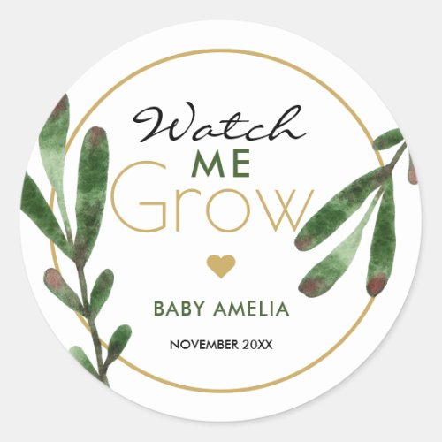 Tropical Leaves Watch Me Grow Baby Shower Classic Round Sticker