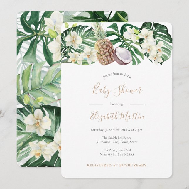 Tropical Leaves Watercolor Baby Shower Invitation (Front/Back)