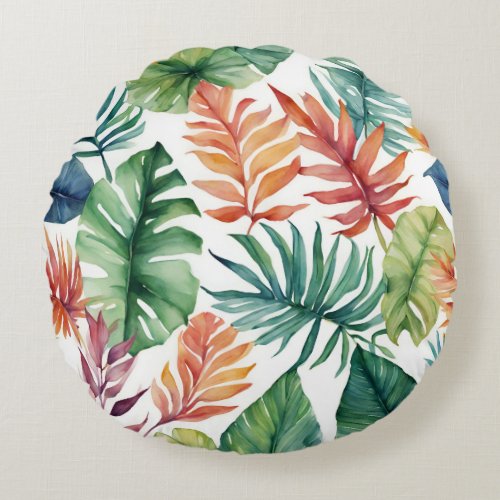 Tropical Leaves Watercolor Design Round Pillow