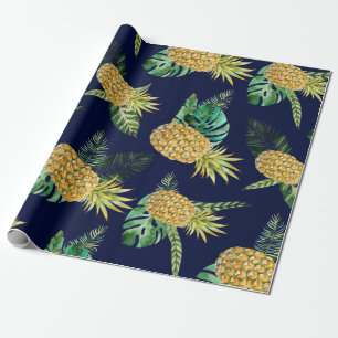 Tropical leaves, watercolor pineapple pattern wrapping paper