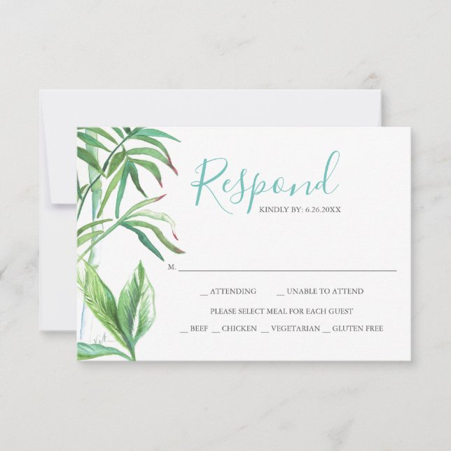 Tropical Leaves Watercolor Reply RSVP (Front)