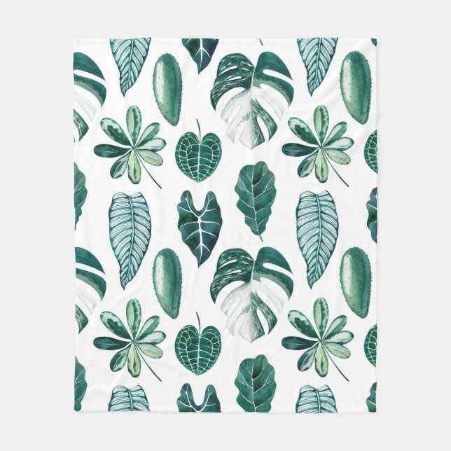 Tropical leaves watercolor seamless pattern with m fleece blanket (Front)