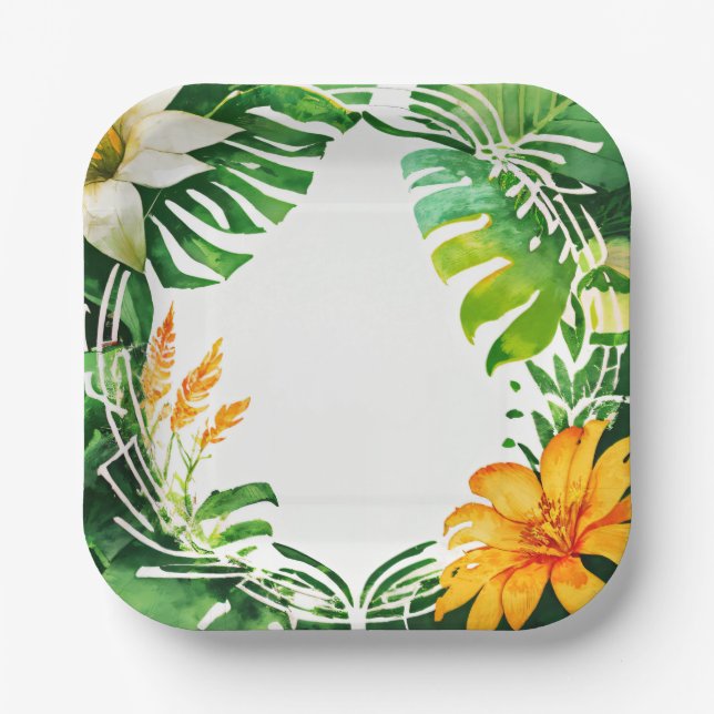 Tropical leaves watercolor set paper plates (Front)
