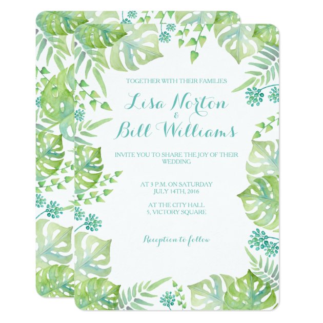 Tropical Leaves Watercolor Wedding Invitation