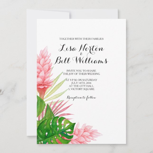 Tropical leaves watercolor wedding invtiation invitation (Front)
