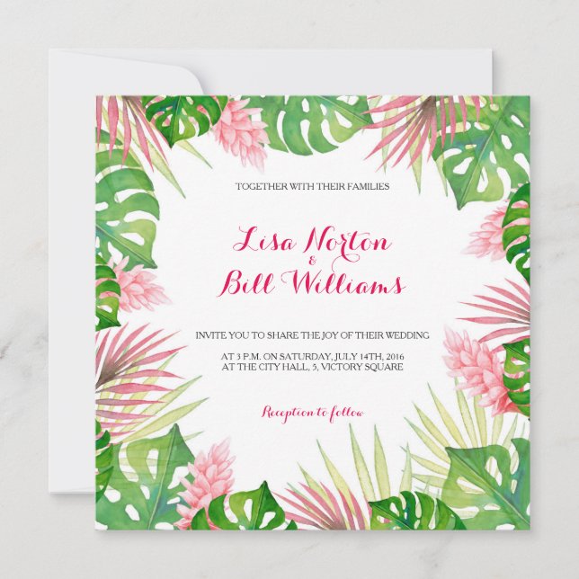 Tropical leaves watercolor wedding invtiation invitation (Front)