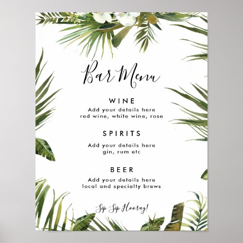 tropical leaves wedding bar menu sign