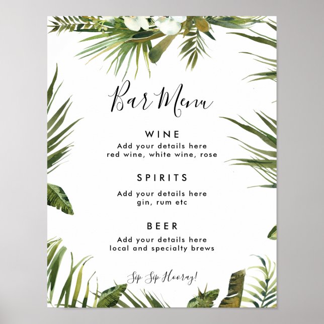 tropical leaves wedding bar menu sign (Front)