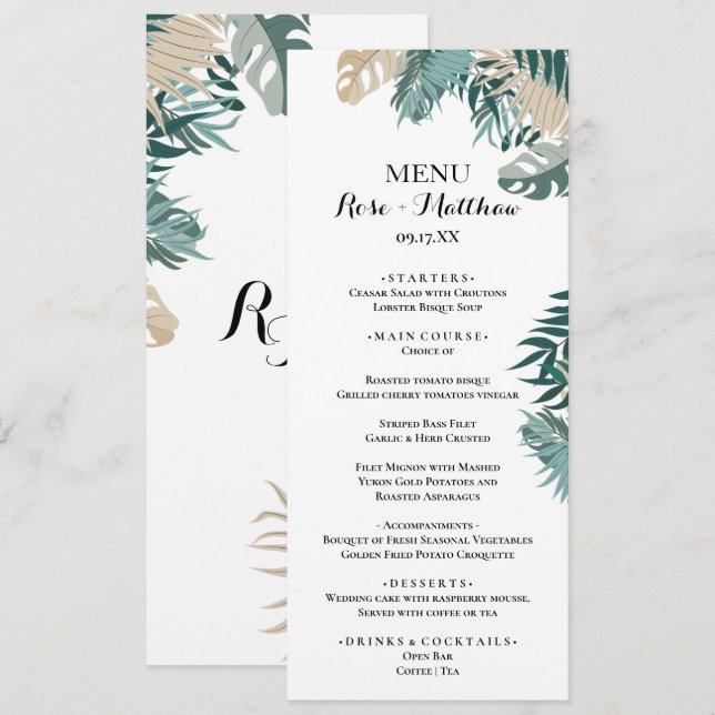 Tropical leaves Wedding Dinner Menu (Front/Back)