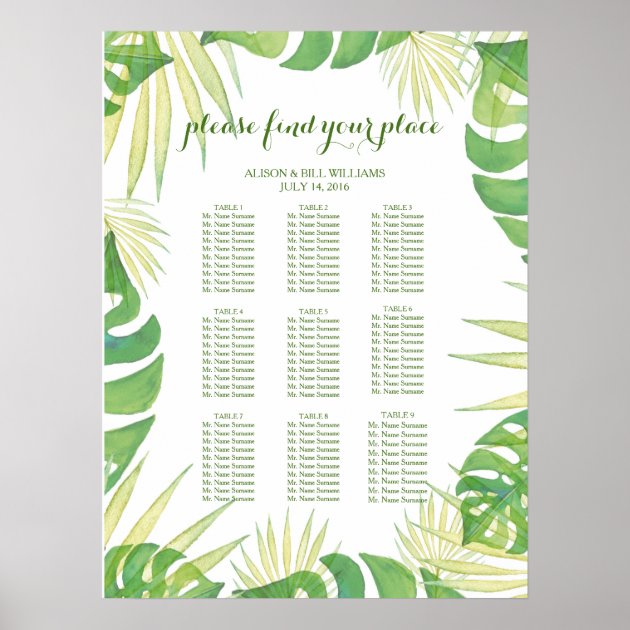 Tropical Leaves Wedding Dinner Seating Chart