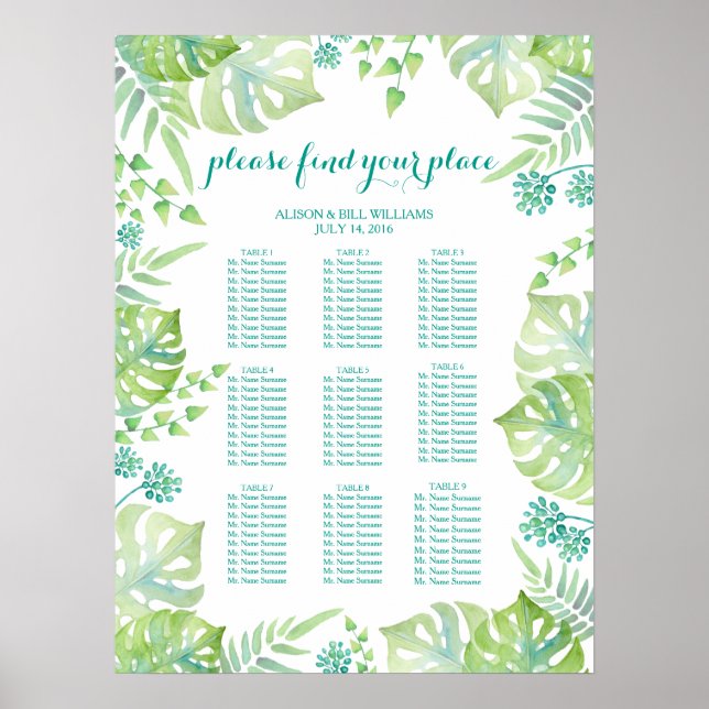 Tropical leaves wedding dinner seating chart (Front)