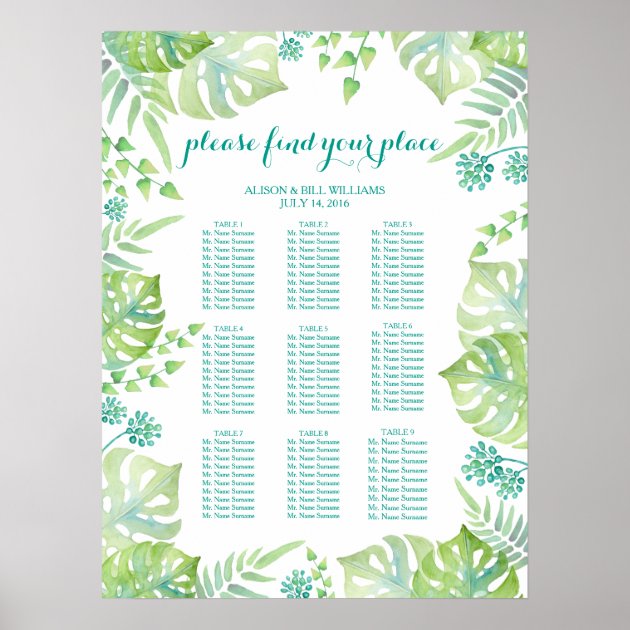 Tropical Leaves Wedding Dinner Seating Chart Poster